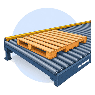 Blue industrial conveyor with a wooden pallet on top
