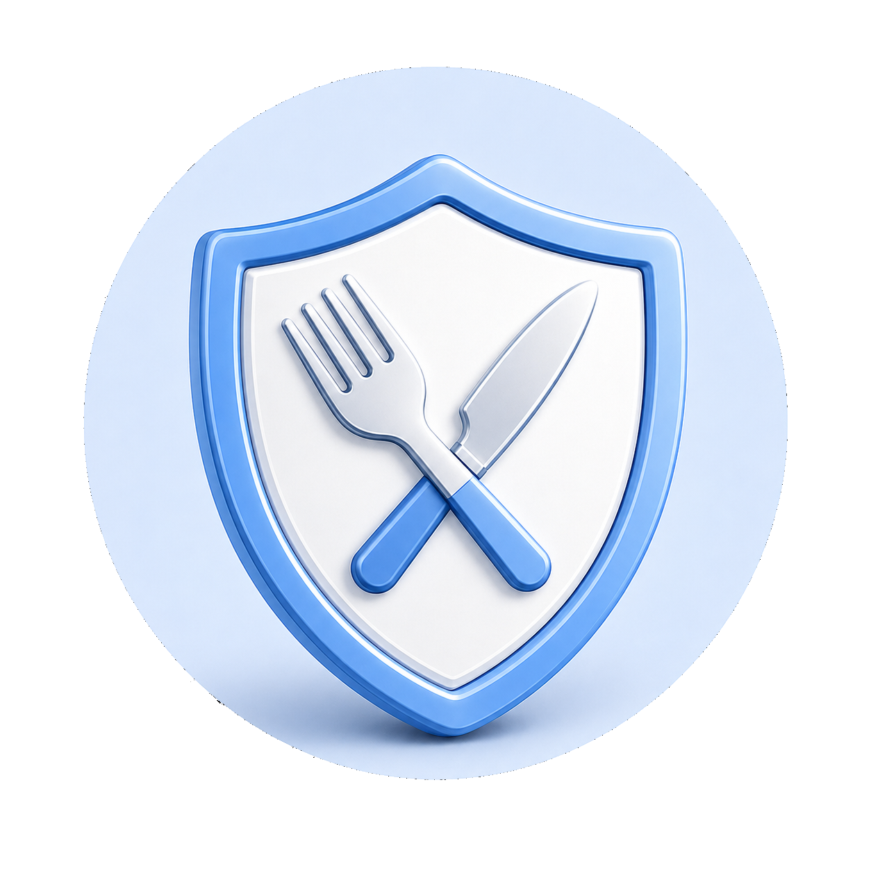 Blue shield icon with fork and knife crossed inside, symbolizing food safety or dining protection.
