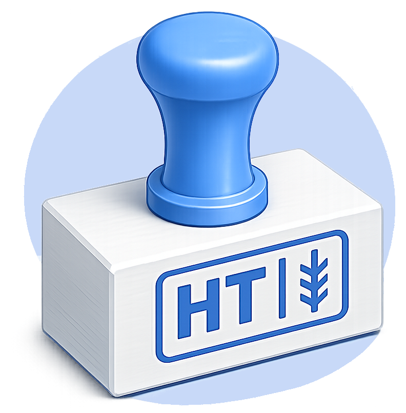 Blue rubber stamp with “HTI” on a white block