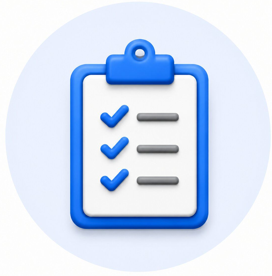 Blue clipboard checklist icon with three checked items on a light background