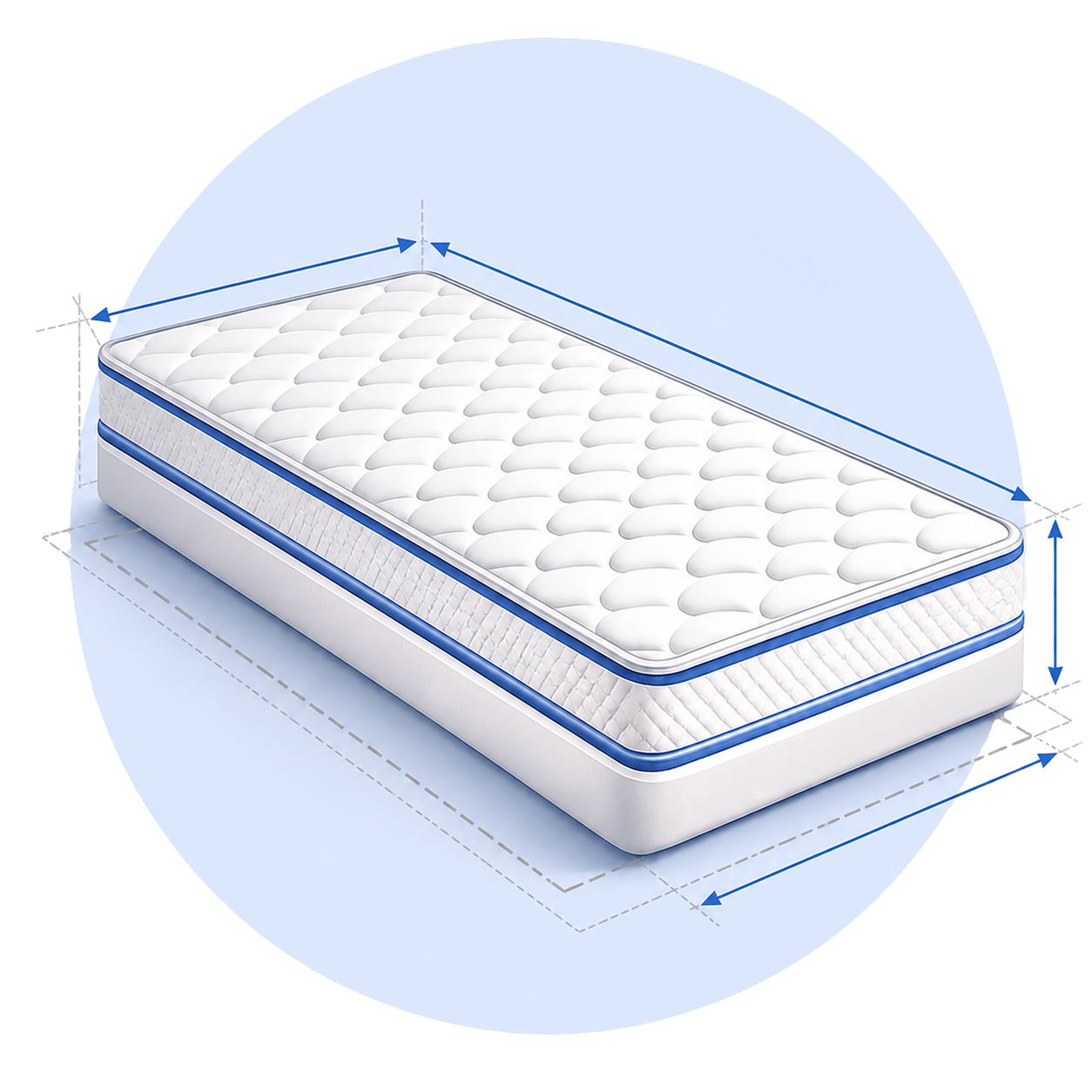 White tufted mattress with blue measurement lines on a light blue background