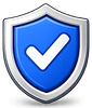 Blue shield with a white checkmark icon, symbolizing security or approval