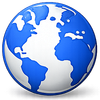 Blue globe icon with white continents on a light background