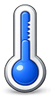 Blue thermometer icon with a white outline, indicating temperature or heat.
