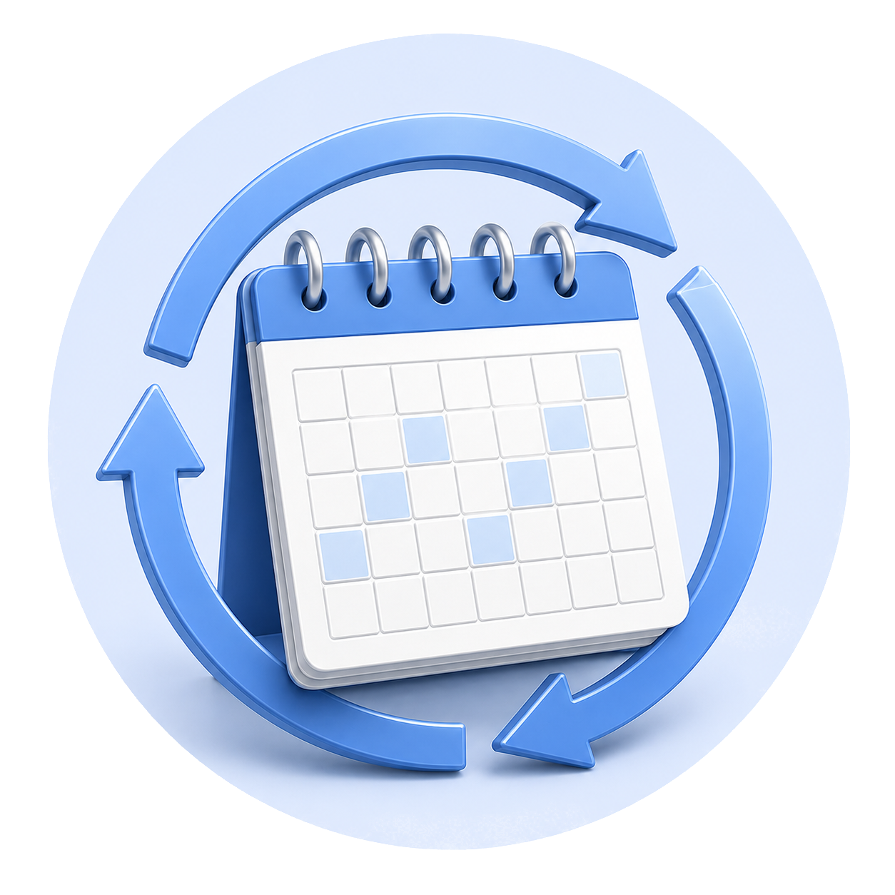 Blue calendar icon with circular arrows, suggesting recurring events or schedule sync