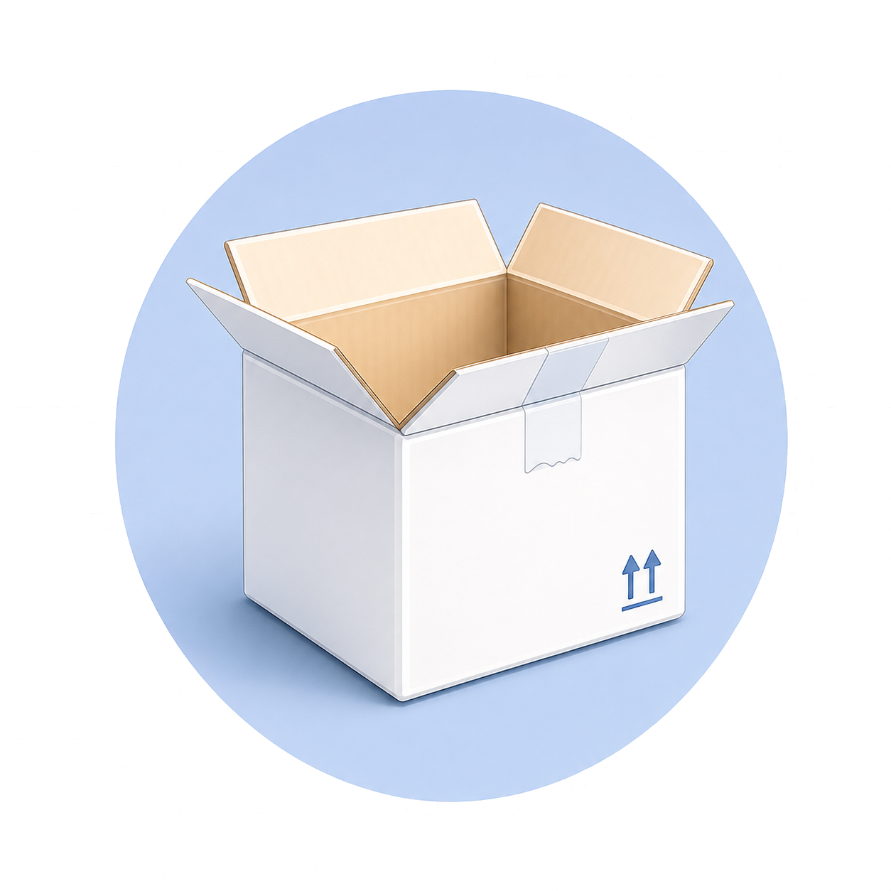 Open white cardboard box with tan flaps on a light blue background