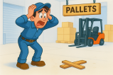 Forklift loading pallets in a warehouse while a worried worker stands nearby.