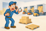 Warehouse worker inspecting a pallet and boxes while forklifts move in the background
