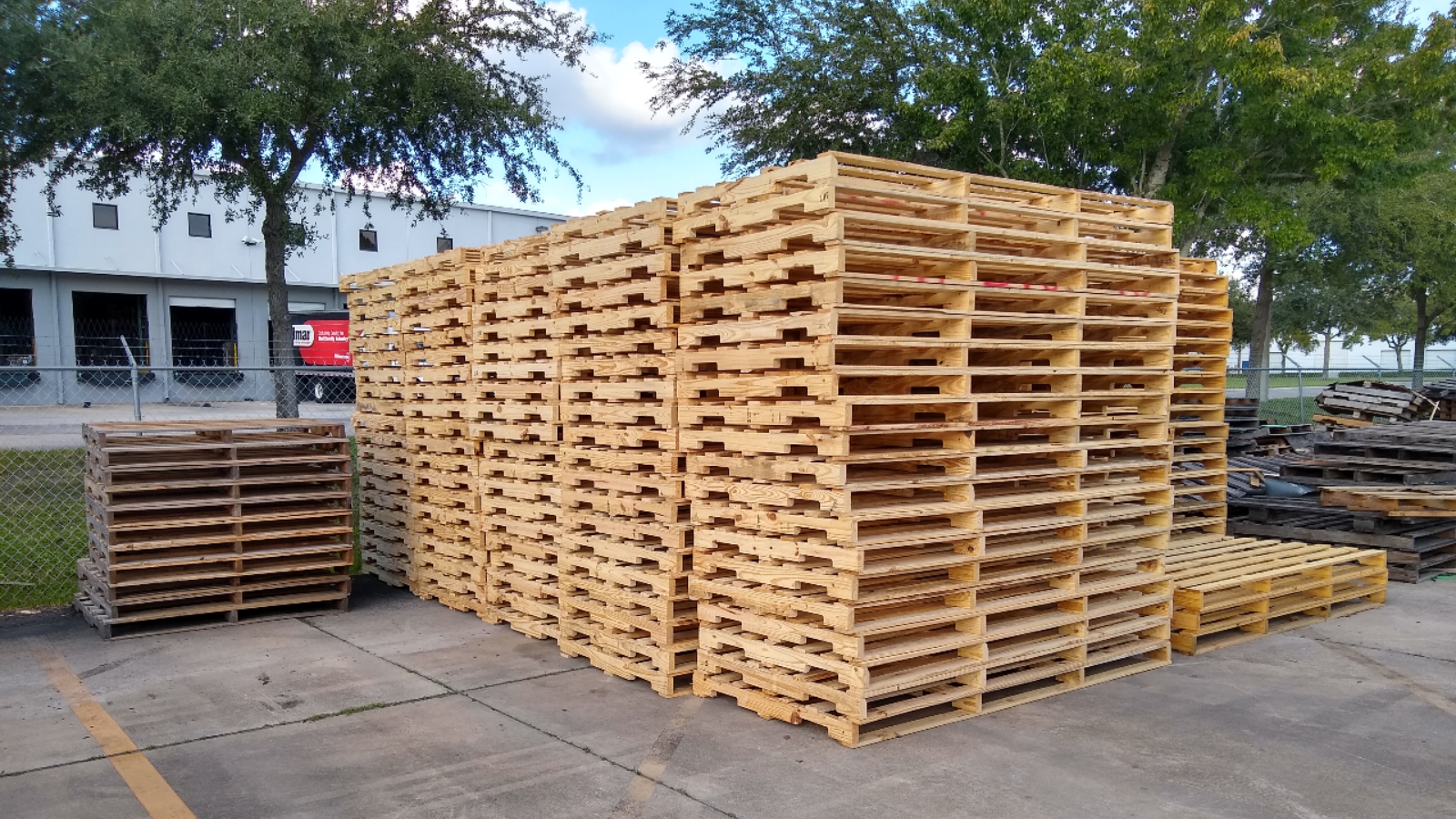 Stacks of wooden pallets on a paved lot beside a building and trees