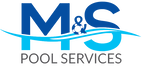 A blue and white logo for m & s pool services.