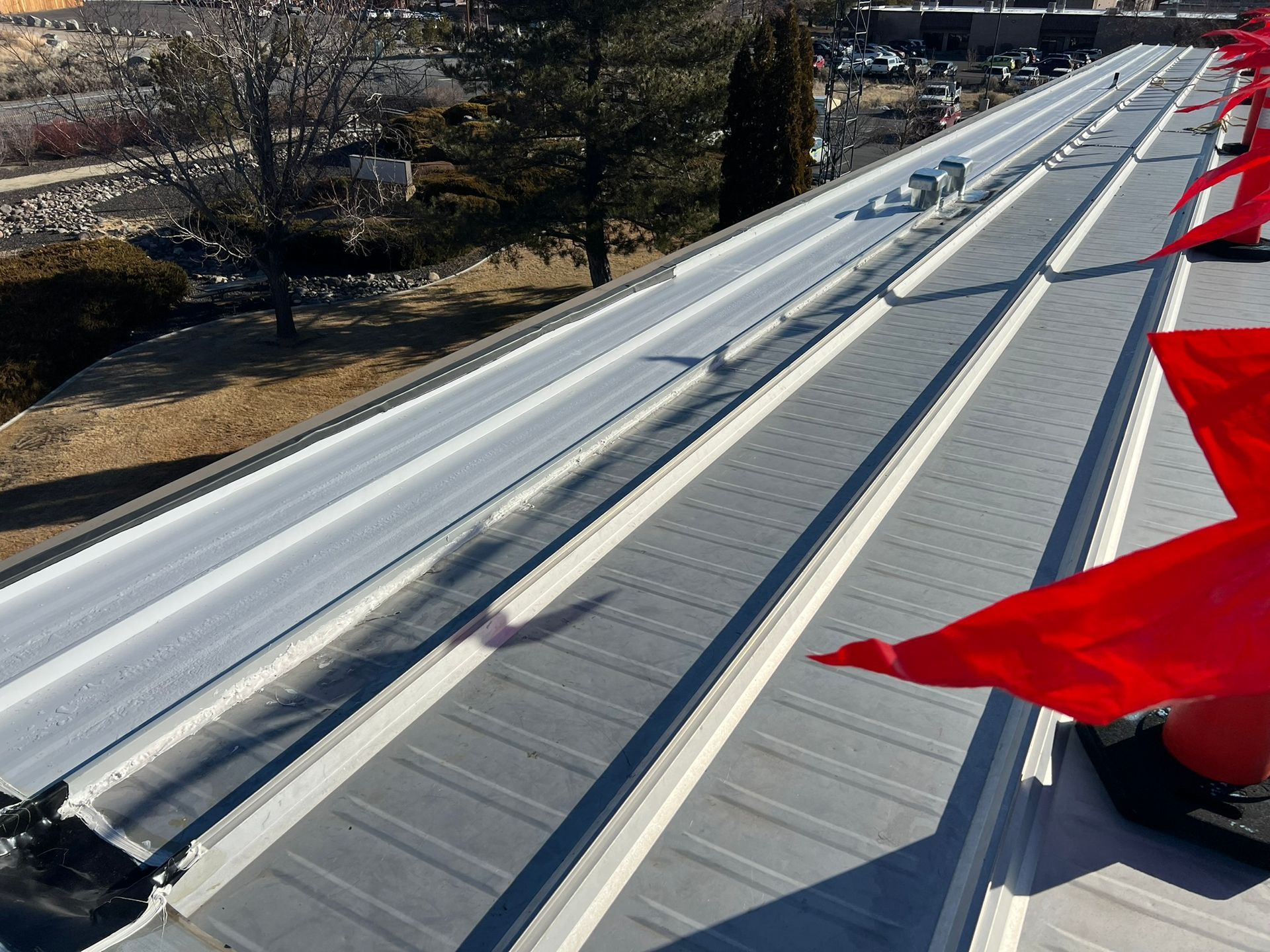 Gray and white rooftop with red flags, clear sky, outdoor setting.