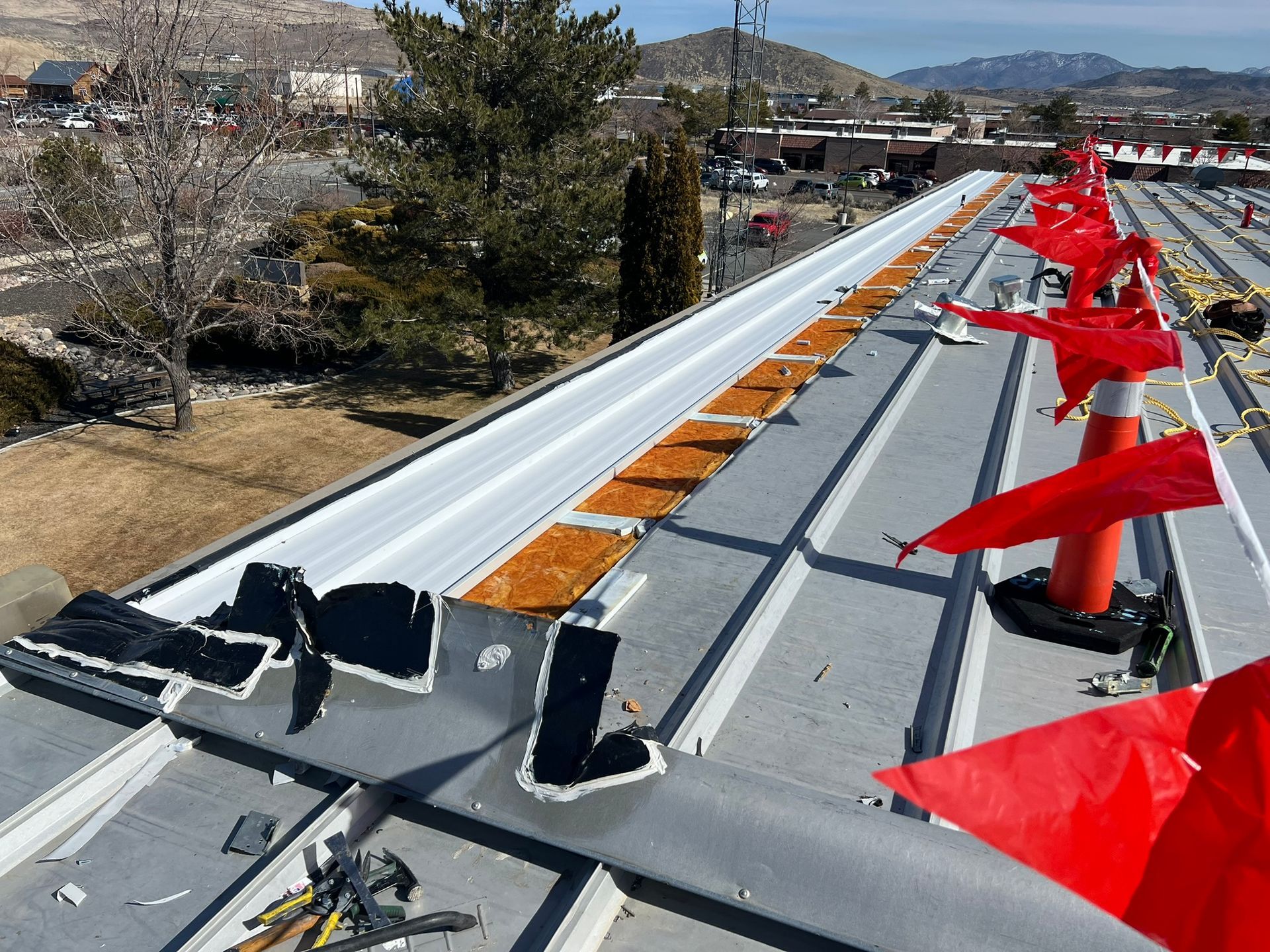 Rooftop with orange safety cones, red flags, and metal panels. Sunny outdoor setting with a view.