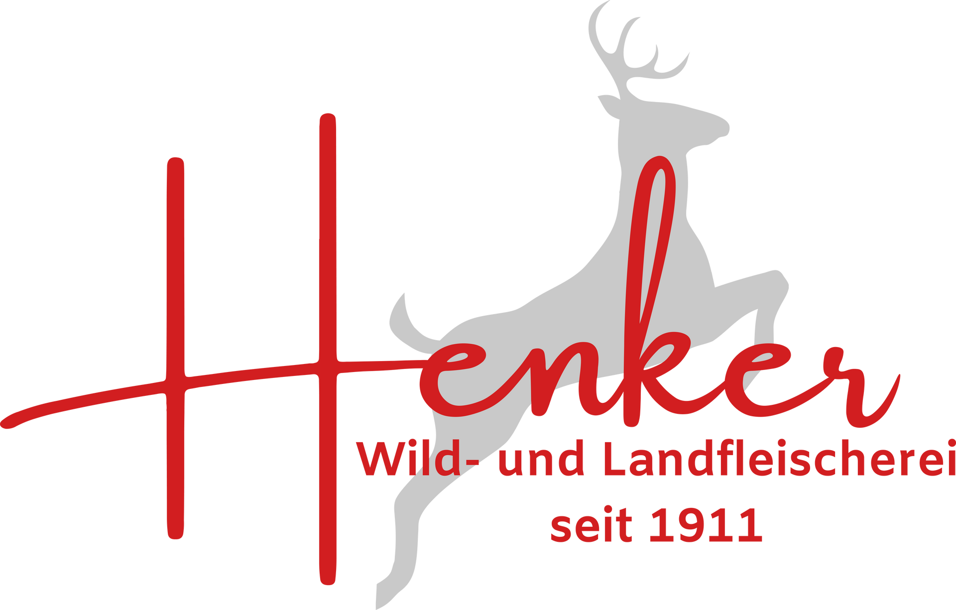 Logo for Henker Wild- und Landfleischerei, featuring red stylized text with a leaping deer silhouette and text