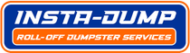 INSTA-DUMP roll-off dumpster services logo in blue, orange, and white with a black border