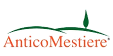 Logo AnticoMestiere con testo arancione e icona stilizzata di una linea e un albero di colore verde.