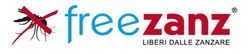 Logo di Freezanz con testo rosso e blu e una zanzara stilizzata barrata in rosso.