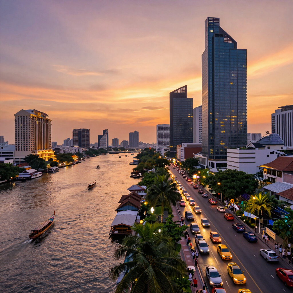 Sunset over a riverside city with boats, palm trees, and traffic beside tall buildings