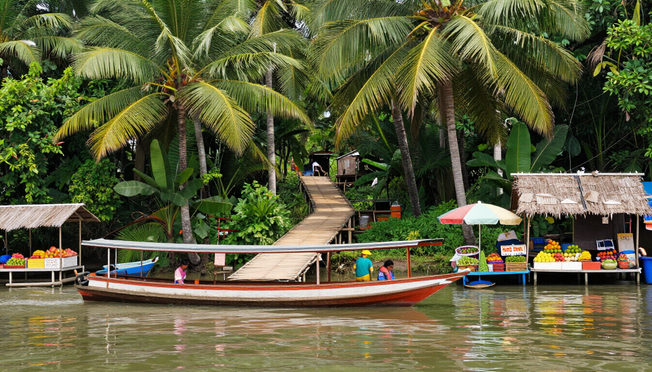 Tropical riverside with palm trees, colorful wooden boats, and huts along calm water