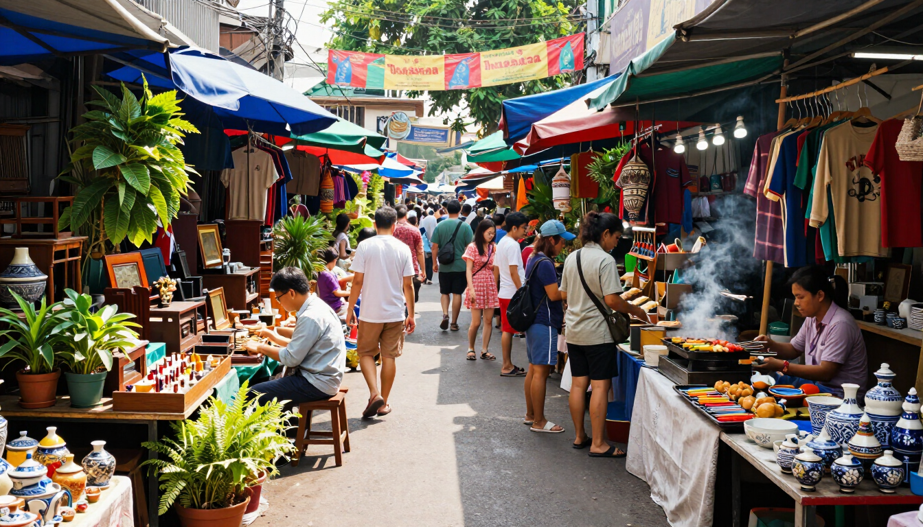 Busy open-air market street with shoppers, colorful stalls, potted plants, and smoke from food vendors