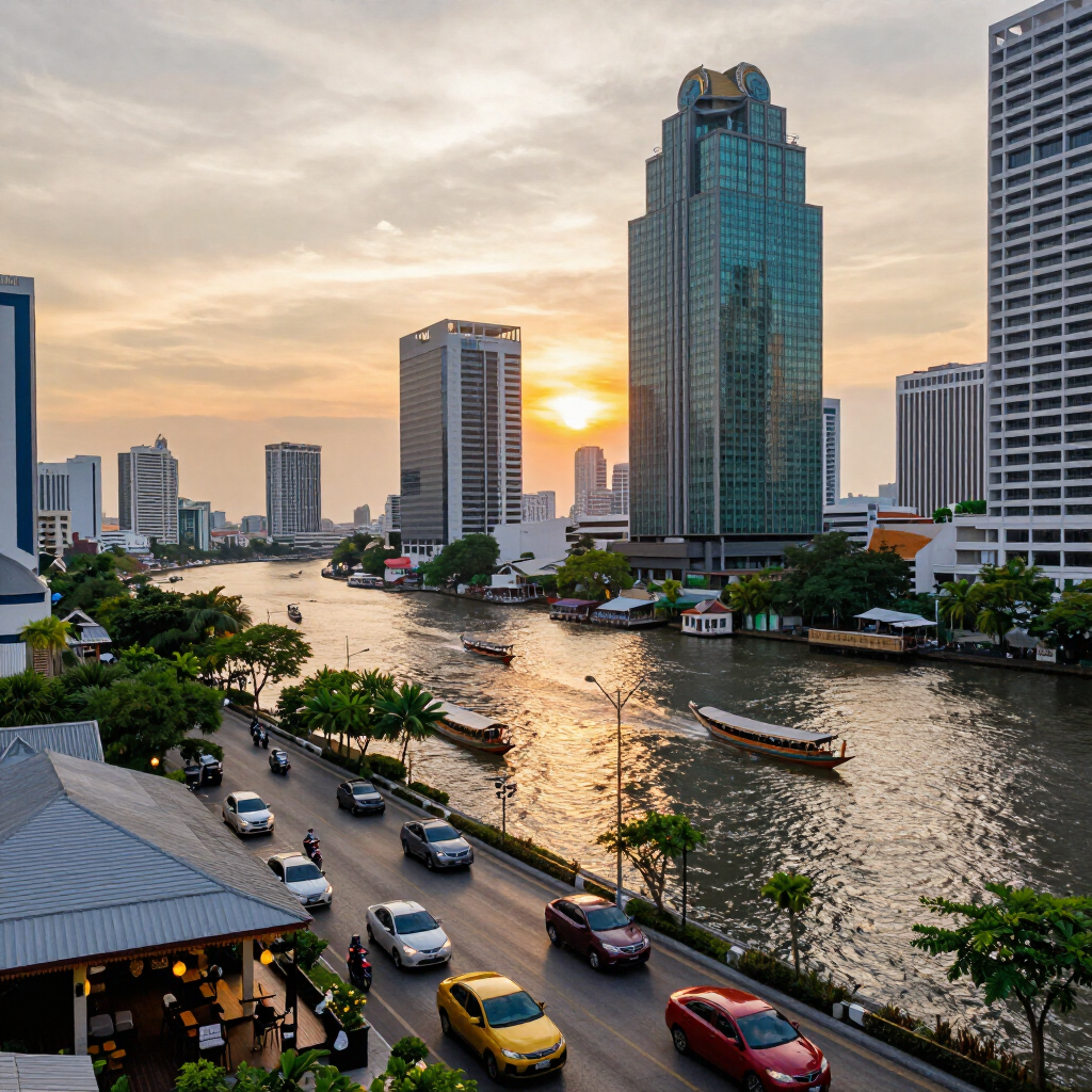 Sunset over a city canal with boats, cars, and tall waterfront buildings