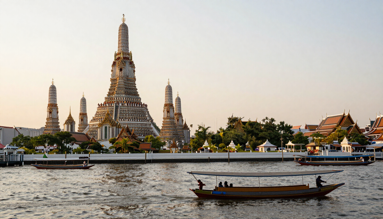 Temple complex by a river at sunset, with a long-tail boat in the foreground and a clear sky.