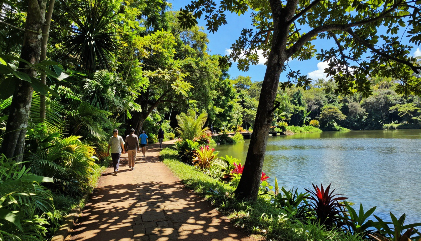 Shaded lakeside path with people walking beside bright green trees and calm water