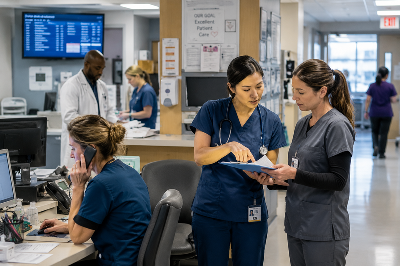 Hospital scene: medical professionals walking in hallway and working at desk with whiteboard.