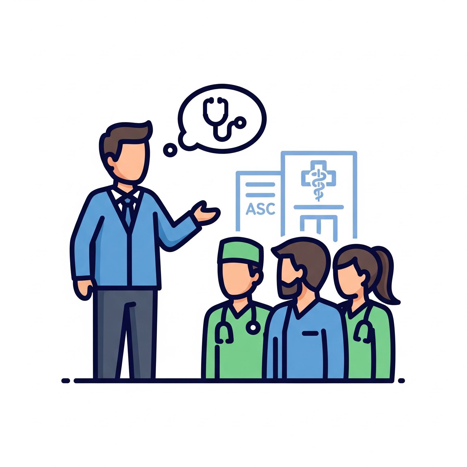 Doctor speaking to three patients in a clinic, with a medical chart and hospital icon.