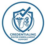 Blue circular logo with shield, checkmark, and text: Credentialing Payer Enrollment Support