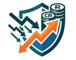 Shield logo with orange upward and downward arrows and stacked CR/R coins, symbolizing protection and change.