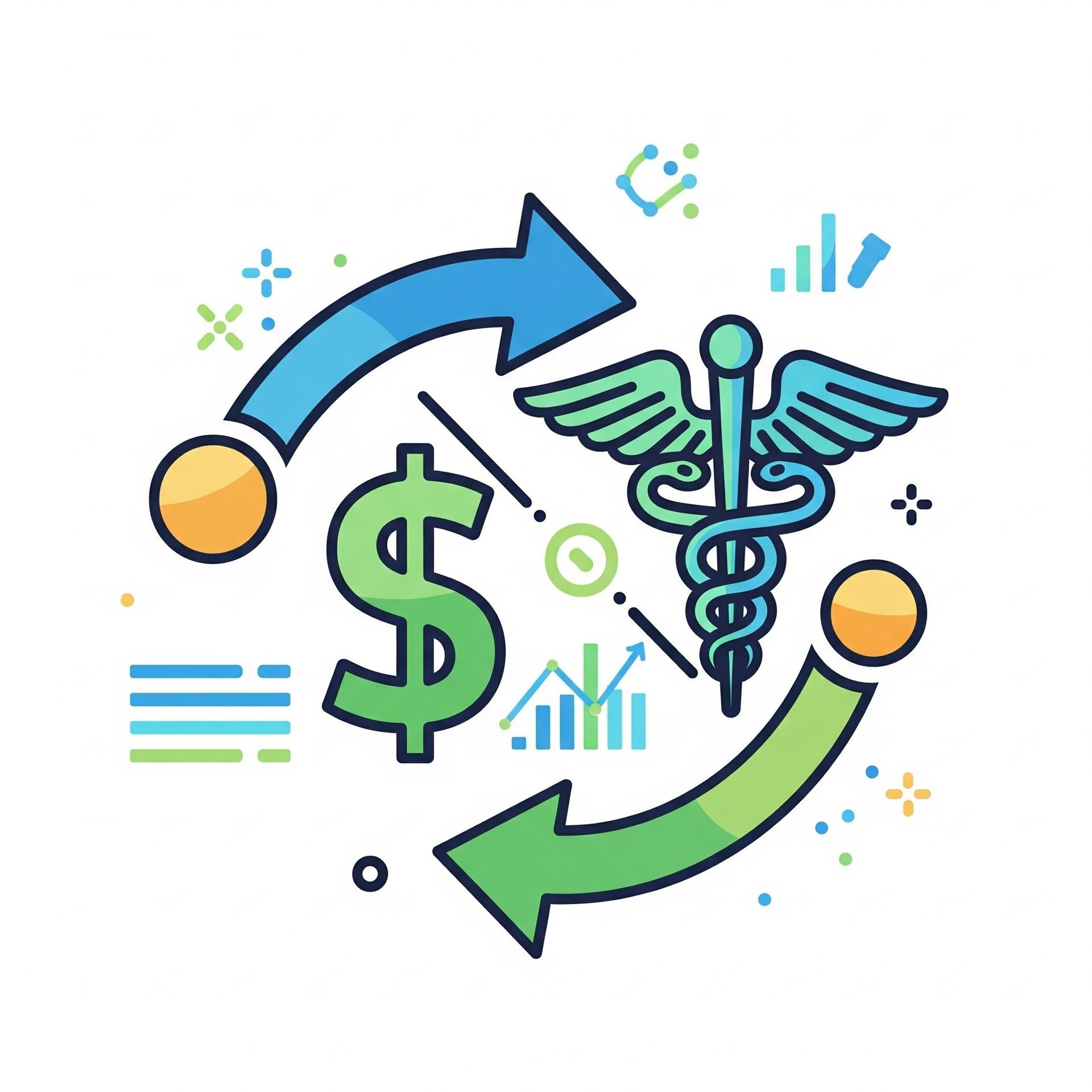 Healthcare finance icon with dollar sign, caduceus, and blue-green circular arrows