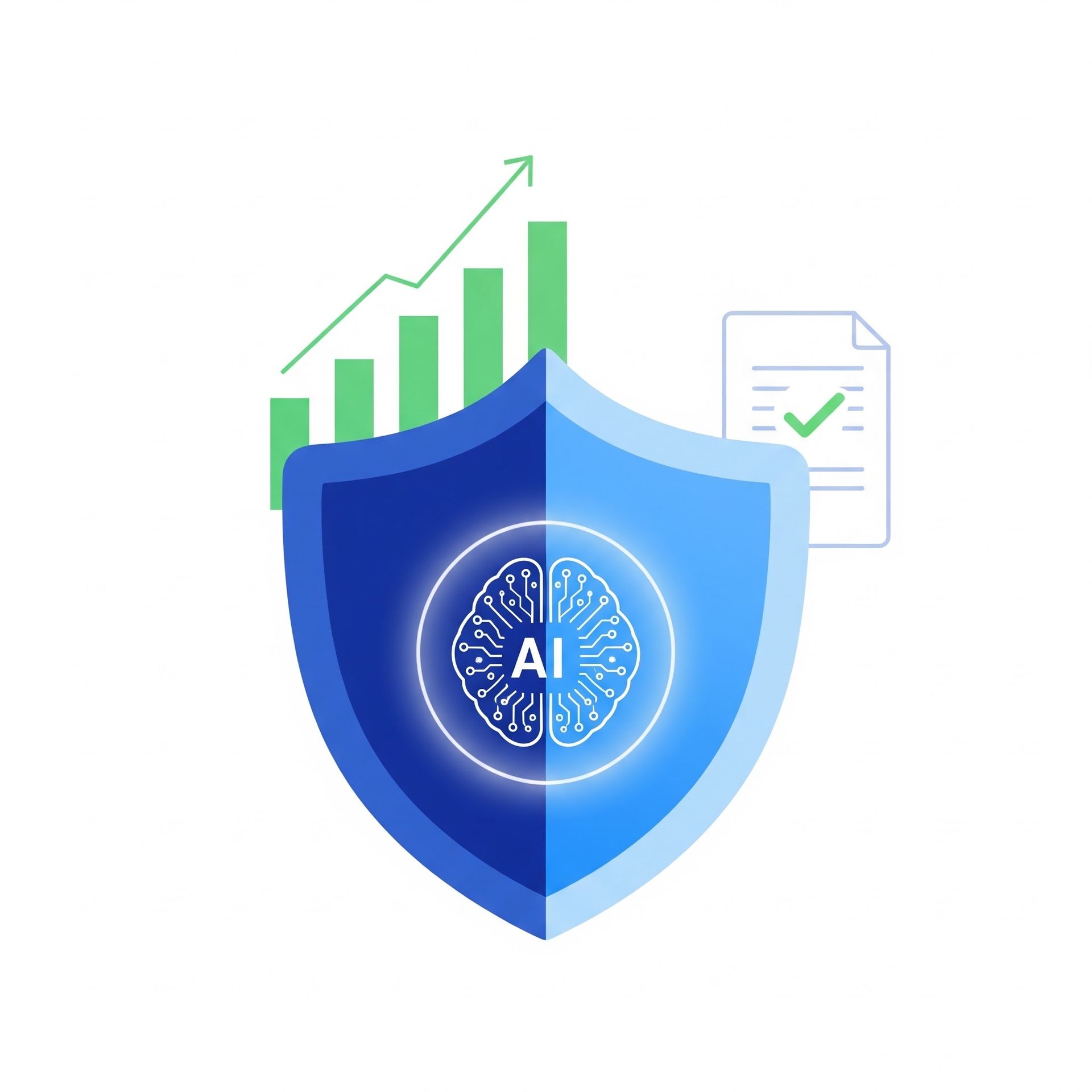Blue AI security shield with a brain icon, rising green chart, and document with checkmark