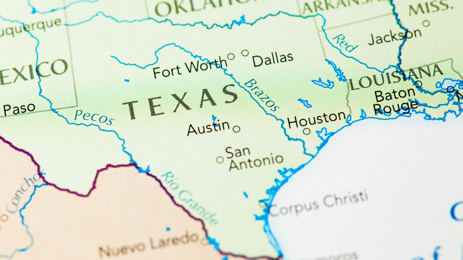 Map of Texas and surrounding states, highlighting major cities like Dallas and Houston.