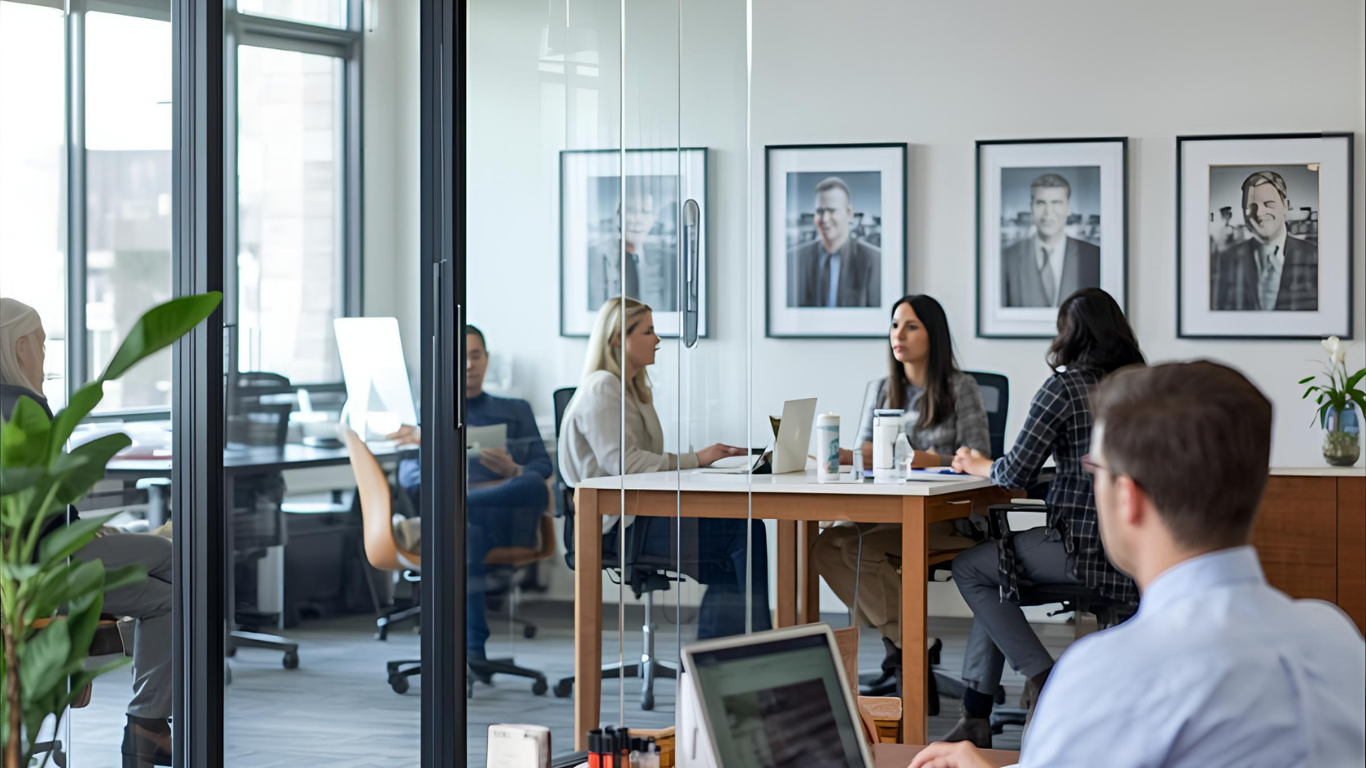 Empty boardroom with black chairs around a wooden table, large windows show a city skyline.