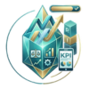 Blue 3D business analytics shield with charts, arrows, and KPI icons on a white background