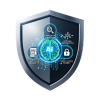 Digital shield icon with a padlock and circuit lines, representing cybersecurity and data protection
