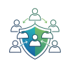 Icon of a shield with people around it in teal, green, and gray, suggesting teamwork or community protection