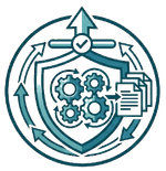 Teal workflow icon with gears, document, arrows, and a shield-like emblem