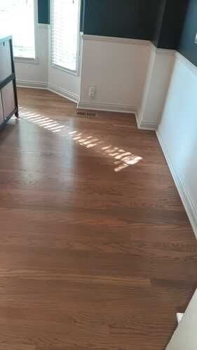 Empty room with hardwood floor and sunlight streaming through windows