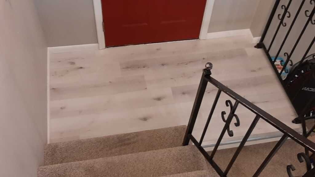 Stair landing with beige carpet, white wood floor, red door, and black metal railing.