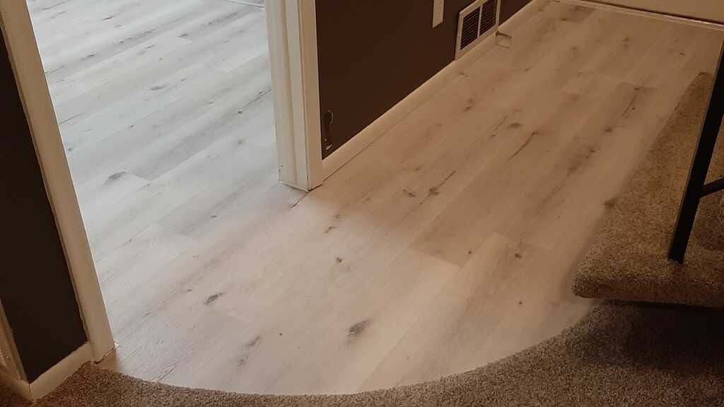 Light wood floor in a hallway with a doorway and brown carpet edge in the foreground