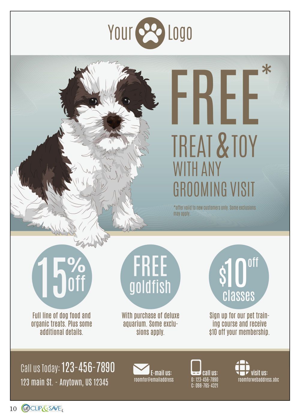 A free treat and toy with any grooming visit flyer with a puppy on it.