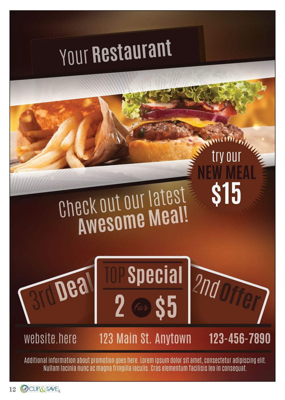 An advertisement for a restaurant with a hamburger and french fries