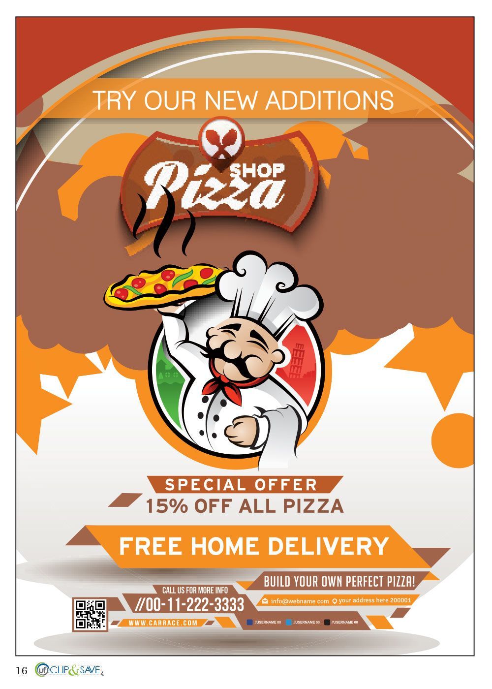 A flyer for a pizza shop with a chef holding a pizza.