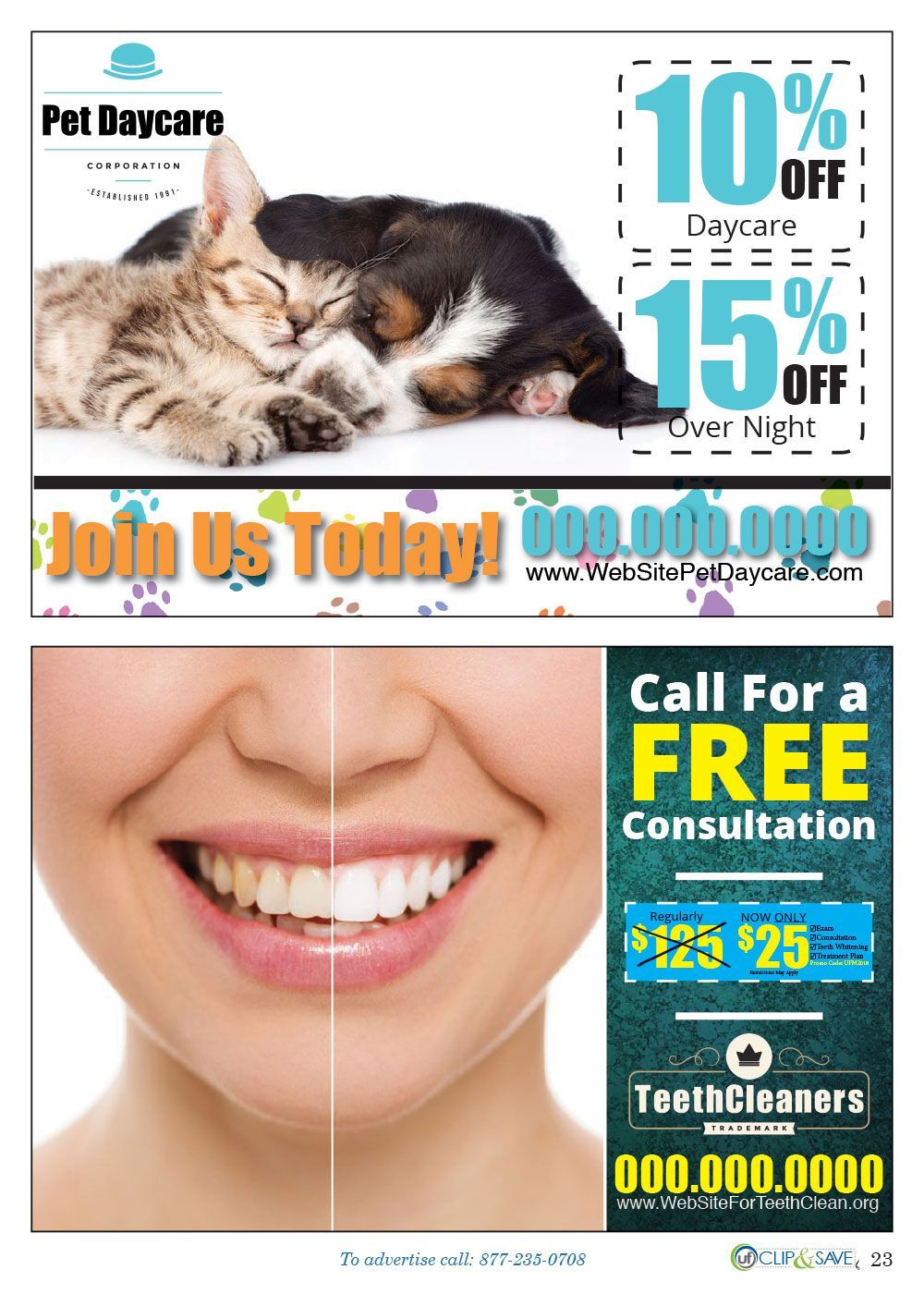 A flyer for a pet daycare and a flyer for a free consultation.