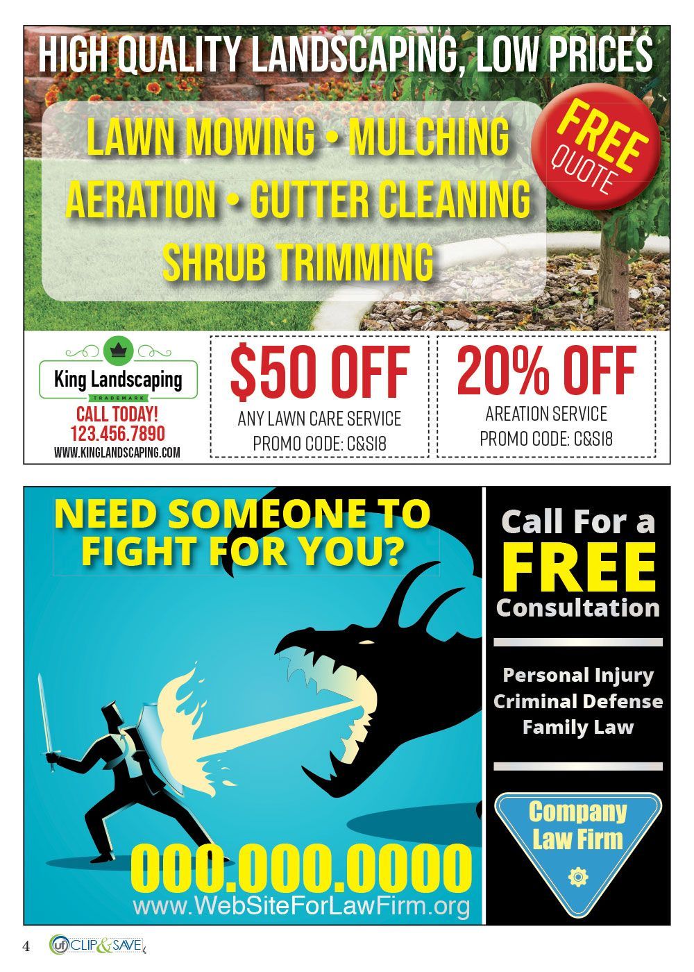 An advertisement for high quality landscaping low prices lawn mowing mulching aeration gutter cleaning shrub trimming