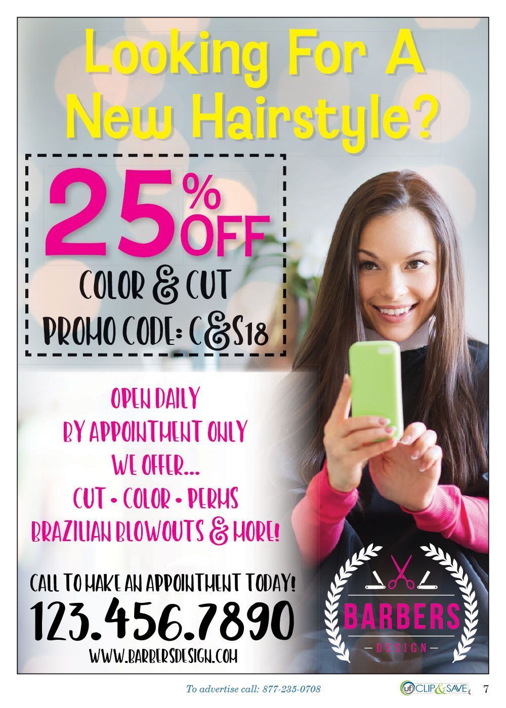 A woman is holding a cell phone and smiling while looking for a new hairstyle.