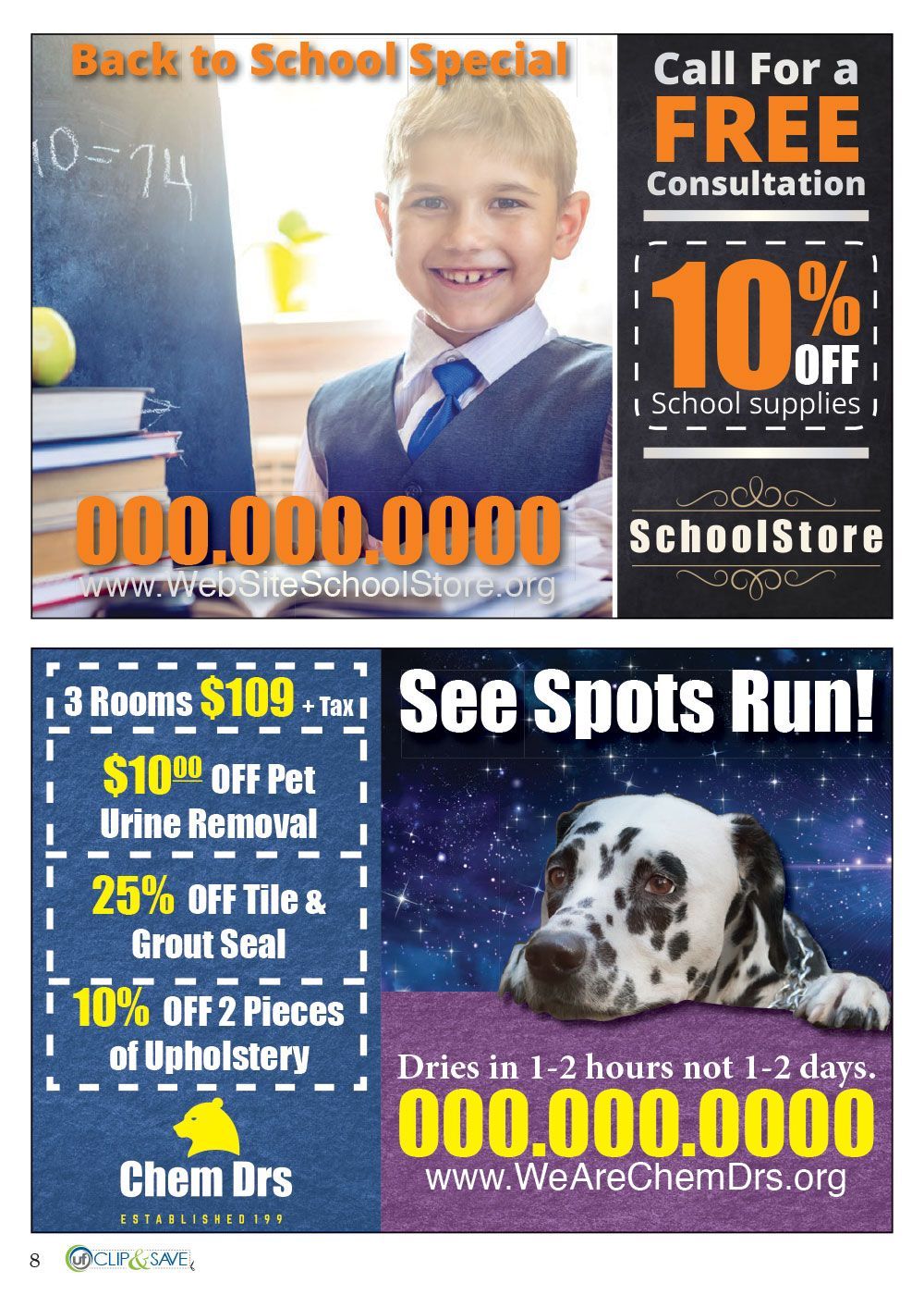 An advertisement for a free consultation with a dalmatian dog
