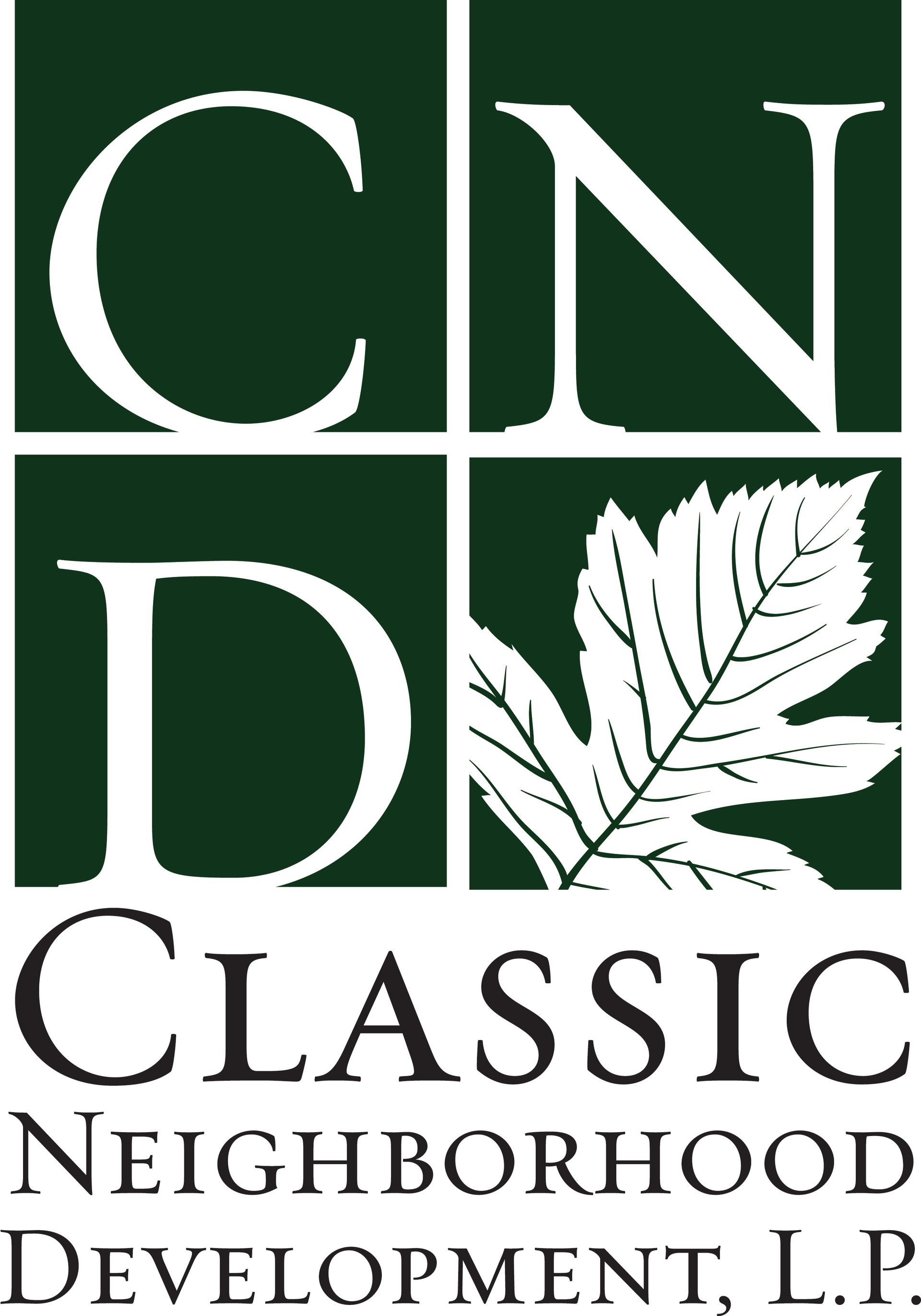 The logo for classic neighborhood development , llp shows a leaf on a green background.
