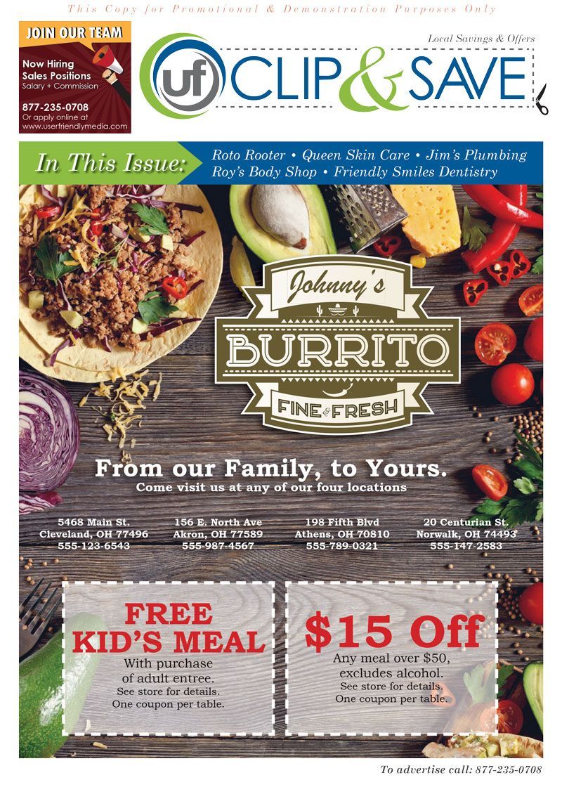 A flyer for johnny 's burrito offers a free kid 's meal and $ 15 off.